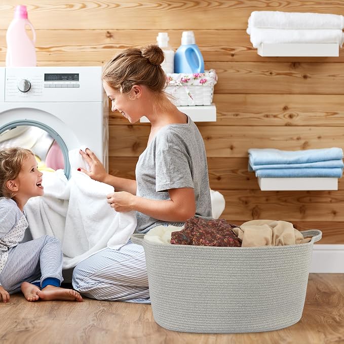 XUANGUO Large Rectangle Blankets Basket Living Room 22"x17"x12" Woven Cotton Rope Storage Baskets for Nursery Toy Baskets for Kids and Dogs Laundry Basket Bin for Clothes Towels grey
