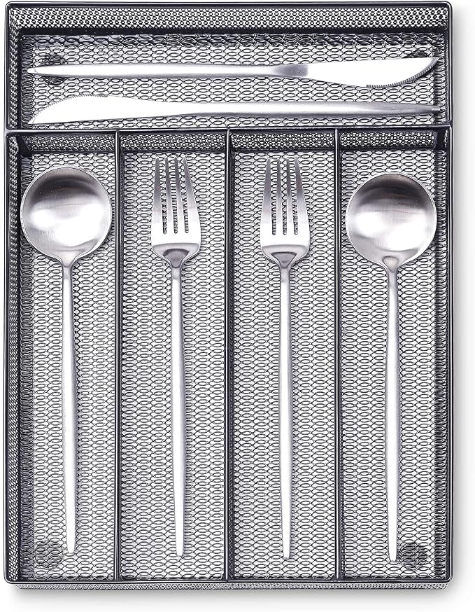 WuGeShop Silverware Drawer Organizer Black, Kitchen Drawer Organizer Metal Mesh Utensil Tray Non-Slip Cutlery Tray, 5 Compartments