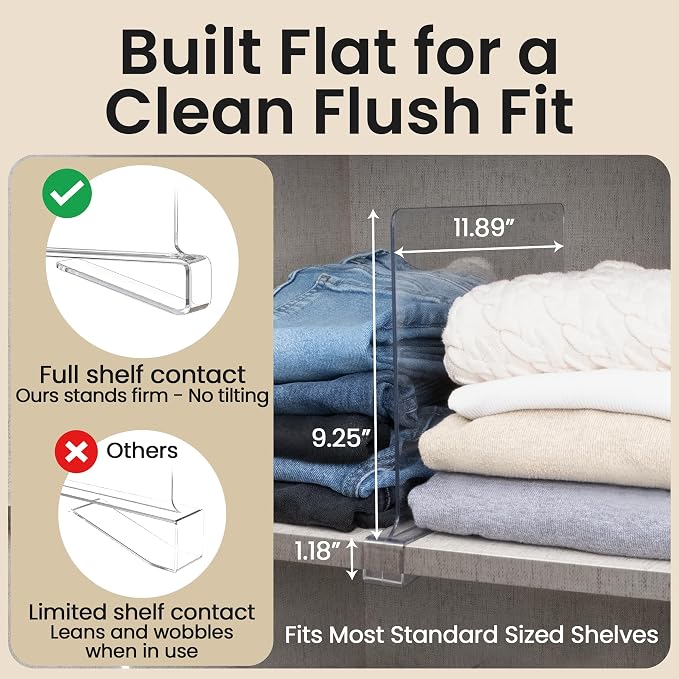 6- Pack Clear Acrylic Shelf Dividers-Non-Slip Closet Organizers for Sweaters, Bags, Towels- Shelf Separators for Bedroom, Kitchen, Office