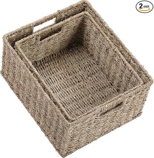 HOONEX Large Wicker Baskets for Storage, Seagrass Baskets with Dual Handles, Woven Set of 2, Natural