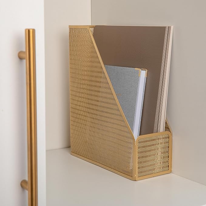 Martha Stewart Ryder Gold Mesh Metal Single Slot Magazine File Holder, Desktop Organizer, 9.75 x 3.75 x 11.5