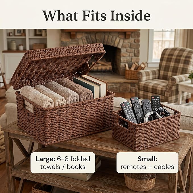 Wicker Storage Basket with Lid - Woven Basket for Storage,Rectangular Decorative Boxes Bins with Lids for Shelves,living room, Nursery, 3 baskets+1 lids(Dark Brown)