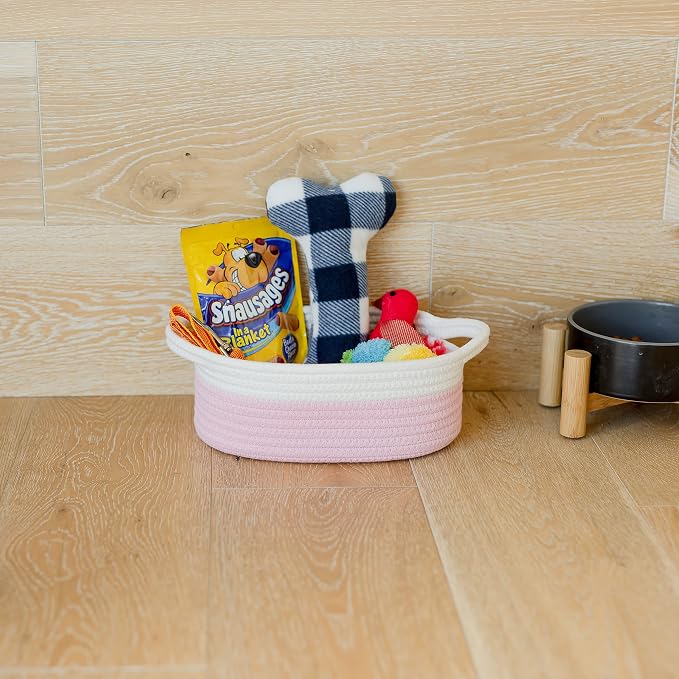 NaturalCozy 3-Piece Oval Storage Basket Set– Cotton Rope Woven Baskets for Storage, Gift Basket Empty, Toy Basket, Soft Baby Basket for Nursery, Cat Dog Toy Baskets, Small Basket (Off White & Pink)