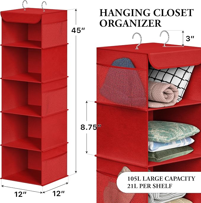 Simple Houseware 5 Shelf Hanging Closet Organizer, Red