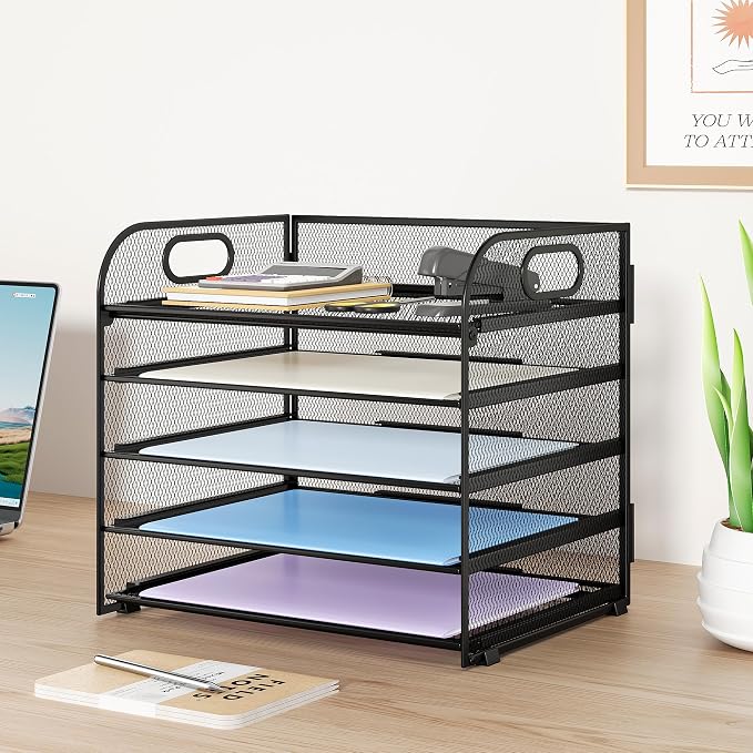 Paper Organizer Letter Tray with Handle Mesh 5 Trays Desk File Organizer Paper Sorter Desk Organizer for Office, Home or School-Black 2 Pack