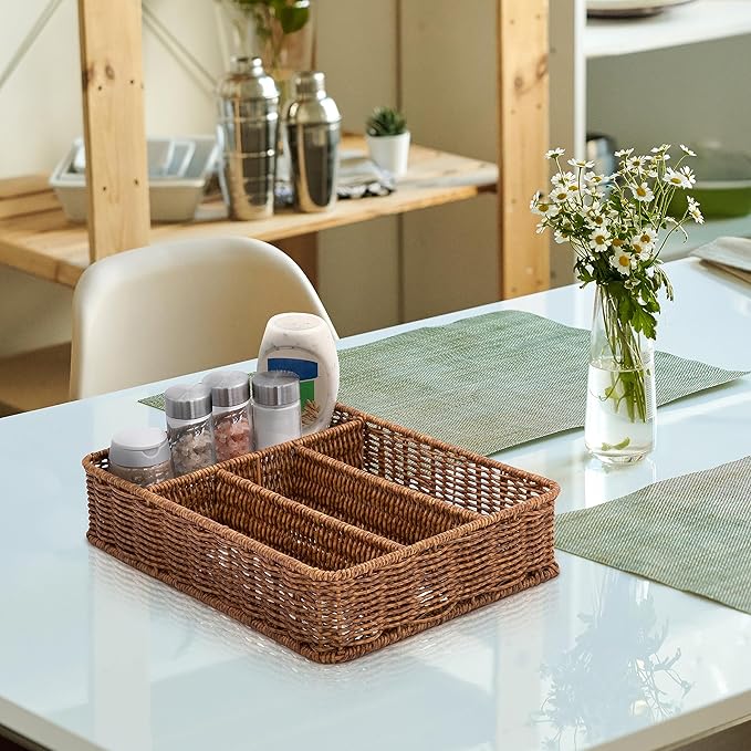 WeeNest Silverware Drawer Organizer, Kitchen Utensil Organizer, Toffee | Silverware Tray for Drawer, Wicker Silverware Organizer, Basket with Dividers, Utensil Holder, Forks Organizer for Drawer
