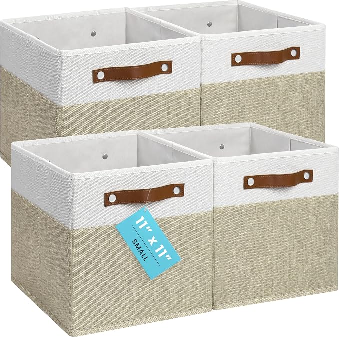OrganiHaus 11x11 Cube Storage Bins, Set of 4 - Fabric Storage Cubes | Sturdy, holds its shape; odor-free; fits ClosetMaid 11-inch shelves; vegan leather handles