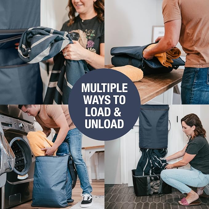 CleverMade Convertible Double Laundry Hamper, 43L, Over-the-Door, Ocean | Dual compartments, bottom zippers, hooks and carry strap streamline sorting and unloading for dorms, apartments and bathrooms