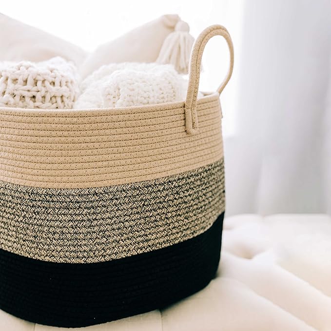 OrganiHaus Round Toy Basket & Blanket Basket, Cotton Rope 20x13" | 3-Toned Brown - Round Cotton Rope Basket, 20x13"
