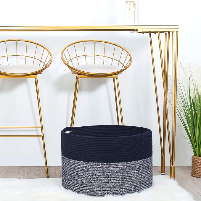 MINTWOOD Design Extra Large 22 x 14 Inches Blanket Storage Basket, Laundry Basket, Decorative Woven Cotton Rope Baskets for Blanket Storage Living Room, Dog Toy Storage Basket Bin, Navy Blue