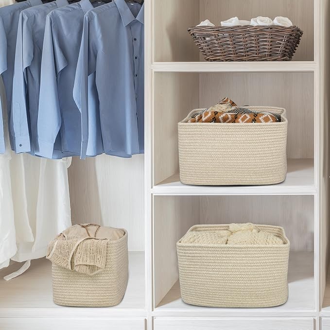 XUANGUO Rope storage Basket Bins Woven Basket for Organizing Shelves 15X10X9.3" Rectangle Decorative Baskets For storage Clothes Toys Books Towels Nursery basket organizer 3 pack Oatmeal