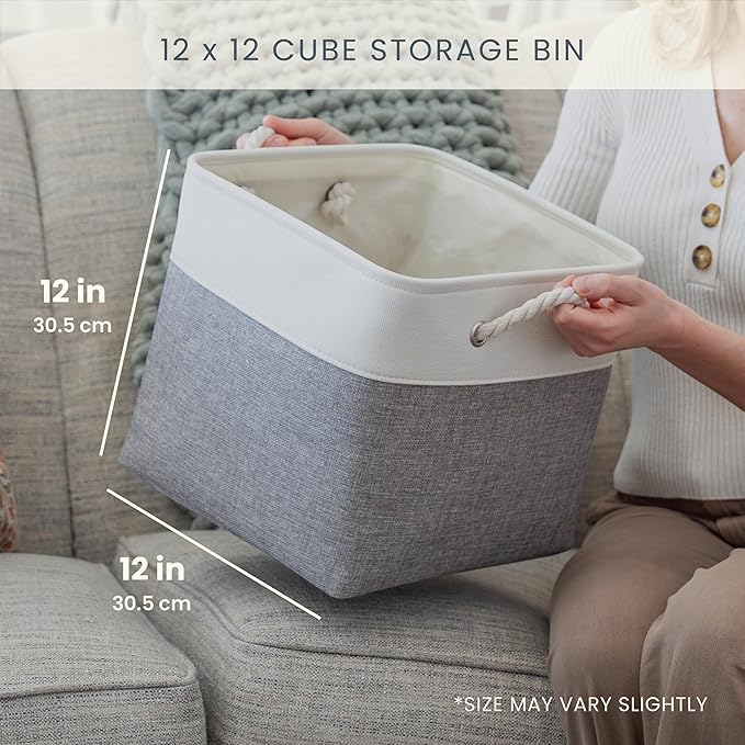 OrganiHaus 12x12 Cube Storage Bins 4 Pack, Foldable Cube Storage Organizer w/ Rope Handles, Collapsible Fabric Bins for Toys, Clothes & Closet Organization, Fabric Square Baskets - Off-White