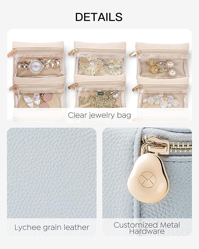 VLANDO Jewelry Travel Case,Travel Jewelry Organizer with Clear Velvet Jewelry Bags 6Pcs Zipper Pouch for Women Wedding,Birthday Gift-Baby Blue
