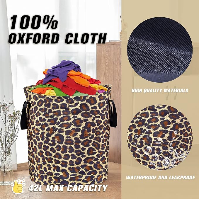 Brown Leopard Laundry Basket Foldable Oxford Cloth Funny Tote Bag Laundry Hamper Clothes Storage Bucket Organizer For Bathroom/Laundry Storage/Bedroom Storage Basket 18.9x16.5 Inch