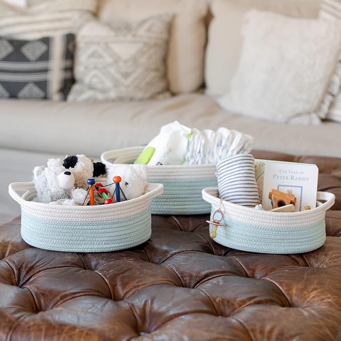 NaturalCozy 3-Piece Oval Storage Basket Set–Cotton Rope Woven Baskets for Storage, Gift Basket Empty, Toy Basket, Soft Baby Basket for Nursery, Cat Dog Toy Baskets, Small Basket (Off White Turquoise)