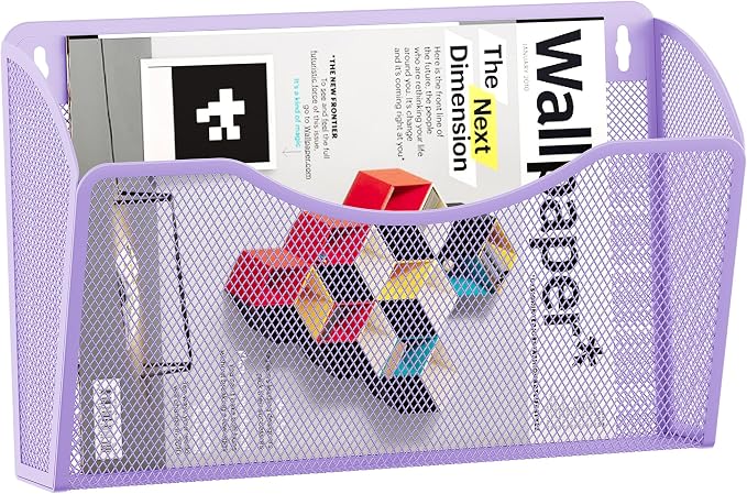 EasyPAG Wall File Organizer, Metal Mesh Hanging File Folder Holder for Letter/A4 Size Folders, Vertical Wall Mount Mail Sorter for Office Paperwork, Classroom, Purple