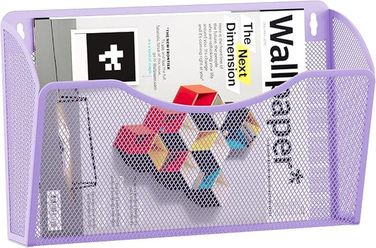 EasyPAG Wall File Organizer, Metal Mesh Hanging File Folder Holder for Letter/A4 Size Folders, Vertical Wall Mount Mail Sorter for Office Paperwork, Classroom, Purple