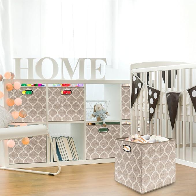 Simple Houseware 13-Inch Collapsible Fabric Cube Storage Bin with Handles, Printed Design, 3 Pack, Beige