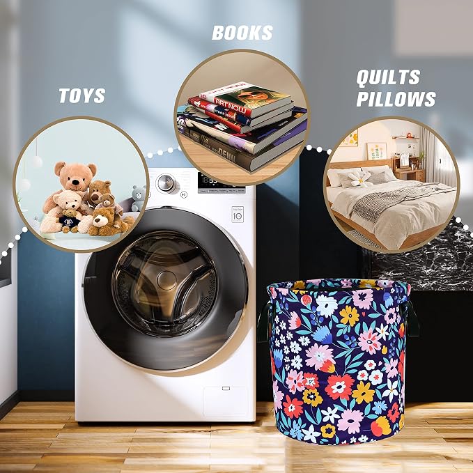 Folk Floral Art Laundry Basket Beautiful Flowers Foldable Oxford Cloth Funny Tote Bag Laundry Hamper Clothes Storage Bucket Organizer For Bathroom/Laundry Storage/Bedroom 18.9x16.5 Inch