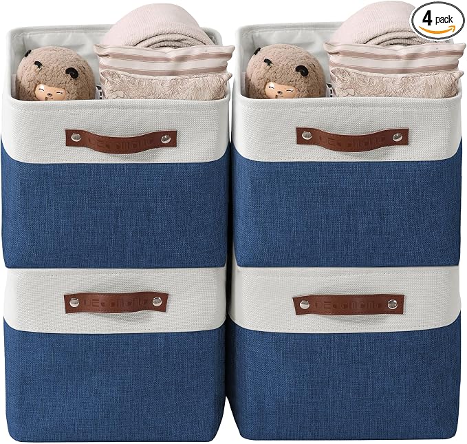 DECOMOMO Storage Bins, Large Fabric Storage Baskets for Shelves, Decorative Linen Closet Organizer, 15 x 11 x 9.5 inches (Navy Blue & White, 4 Pack)