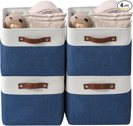 DECOMOMO Storage Bins, Large Fabric Storage Baskets for Shelves, Decorative Linen Closet Organizer, 15 x 11 x 9.5 inches (Navy Blue & White, 4 Pack)