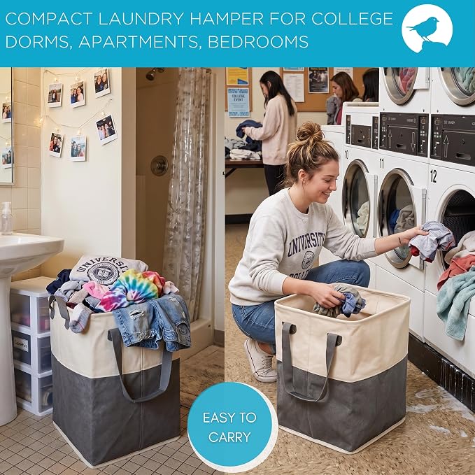 BirdRock Home Square Cloth Laundry Hamper with Handles - Dirty Clothes Sorter - Easy Storage - Foldable - Grey and White Canvas