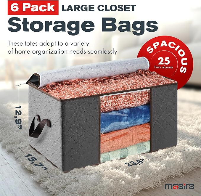 Storage Bags For Clothes - 6-Pack Collapsible Organizers for Blankets, Bedding & Clothes - Large 90L Zip Bags with Handles - Clear Durable Containers for Closet Organization (Grey)