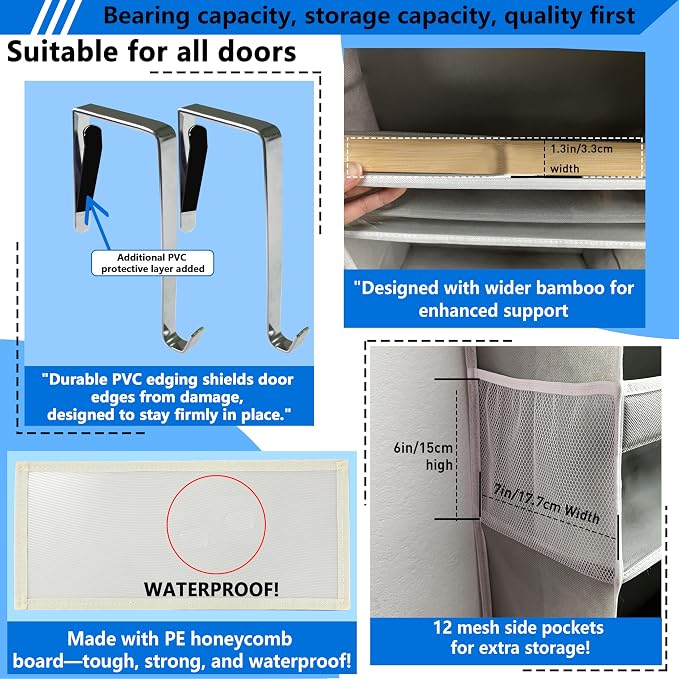 Over the Door Organizer Storage 6 Tier, 12 Large Capacity Side Pockets, Heavy Duty Metal Reinforced Hook Anti Tilt 75 LB Load Behind Door Storage for Bedroom Bathroom Pantry Nursery