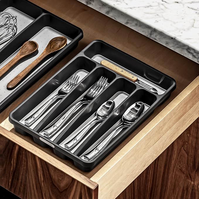 madesmart Small Silverware Tray, 5 Compartment Flatware Organizer for Forks, Knives & Spoons, Non Slip, Soft Grip Lining, Fits Small Drawers, Granite, Classic Mini (Pack of 6)