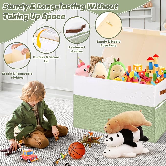 Large Toy Storage Box, Collapsible Sturdy Toys Storage Chest With Mesh, 25x13x16 Kids Toy Storage Organizer, Extra Large Toy Chest Box Bin Basket for Kids, Boys, Girls, Nursery (Green and White)