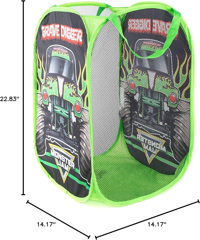 Jay Franco Monster Jam Grave Digger Pop Up Hamper - Mesh Laundry Basket/Bag with Durable Handles