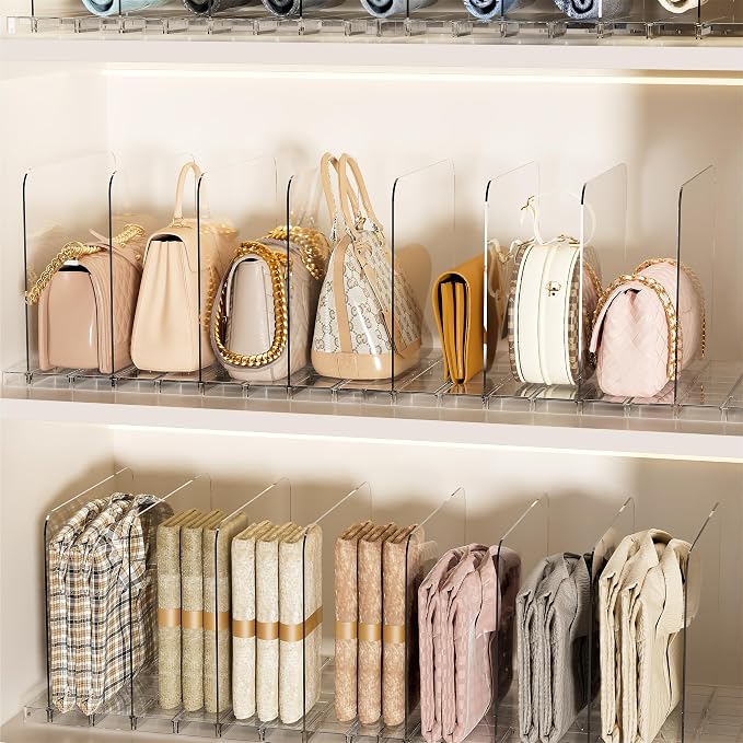 JOYZAN Stackable Purse Organizer for Closet, Adjustable Shelf Dividers for Closet Organizer Clear Acrylic Closet Purse Organizer Detachable Handbag Storage Separator Dividers for Home, Office - 4 Pack