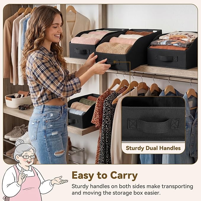 GRANNY SAYS Trapezoid Closet Storage Bins, Storage Baskets for Shelves, Linen Closet Organizers and Storage, Closet Organizer Bins for Clothes, Toys, Towels, Black, 6-Pack