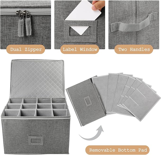 LotFancy Stemware Storage Container, Hard Shell, Stackable Wine Glass Storage Box with Dividers & Handles, Crystal Glassware, Champagne Flute, Drinkware Case for Moving, Grey