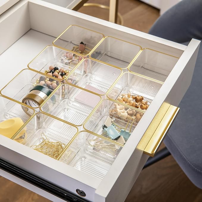 Martha Stewart Kerry Plastic Stackable Office Desk Drawer Organizers, 3" x 3", 12 Pack, with Gold Trim