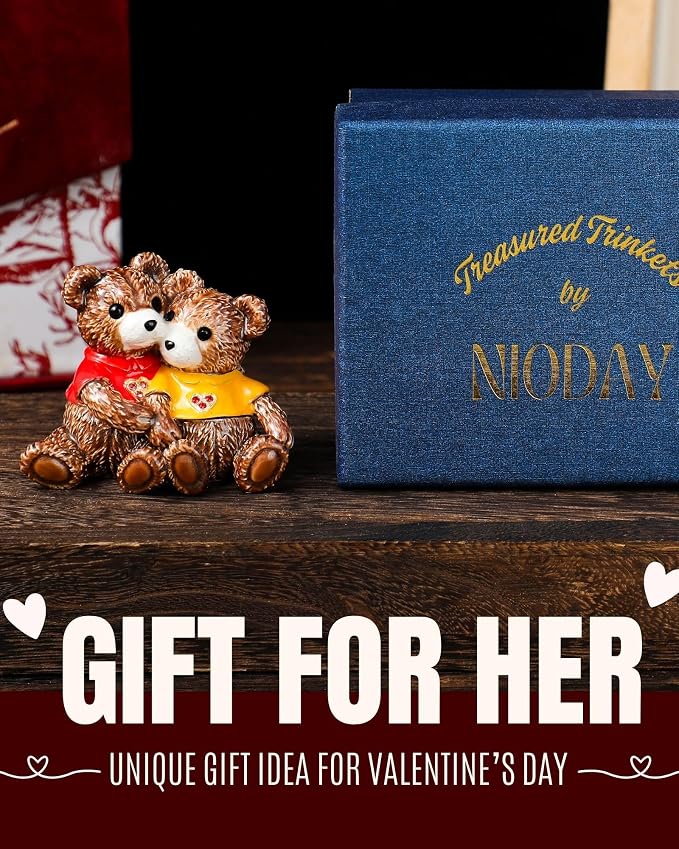 Hand Painted Trinket Box Enamel Vintage Jewelry Box Teddy Bear Gift Hinged Metal Jewelry Organizer Decorative Treasure Box Unique Valentine's Day Gifts Couple Bear B