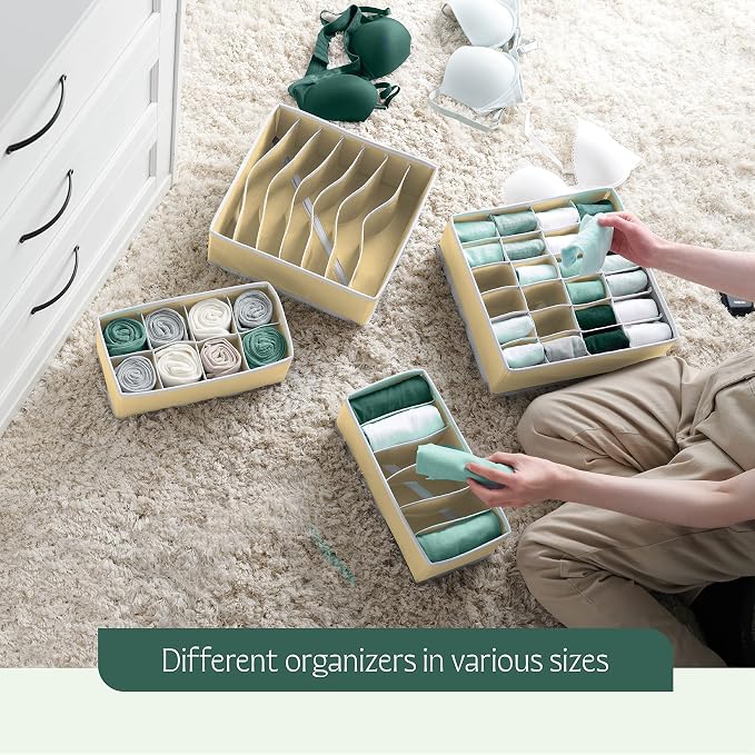 RUBOXA Classic Beige Fabric Drawer Organizer (4 Sizes With 45 Slots) - Foldable Underwear Drawer Organizer - Breathable Bins for Bra, Lingerie, Socks, Scarves, Belt, Tie, Baby Clothes