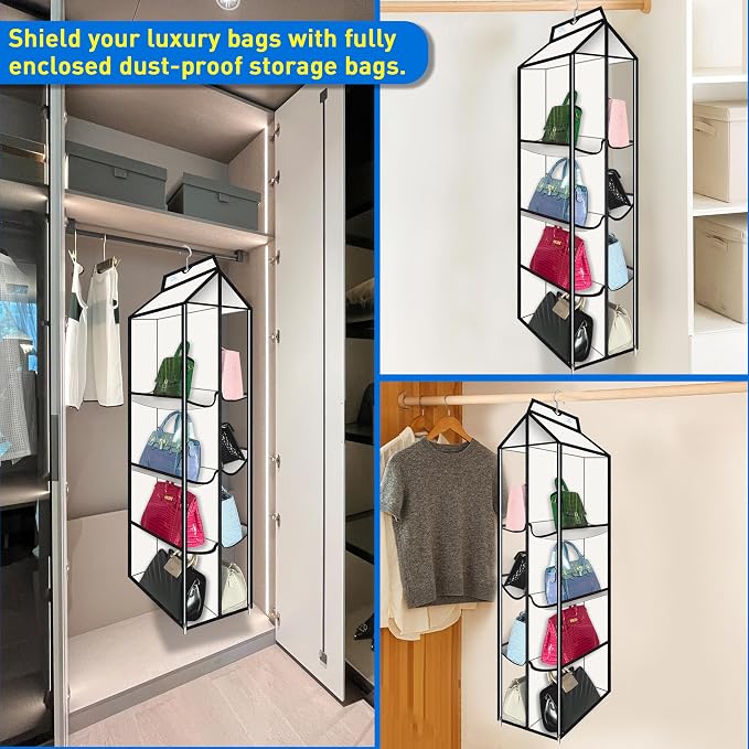 Purse Organizer for Closet, with Zippered-Dustproof, Purse Organizer, Designed for Oversized Wallets & Holds 8-16 Purses, Hanging Purse Organizer for Closet,White-Purse Storage