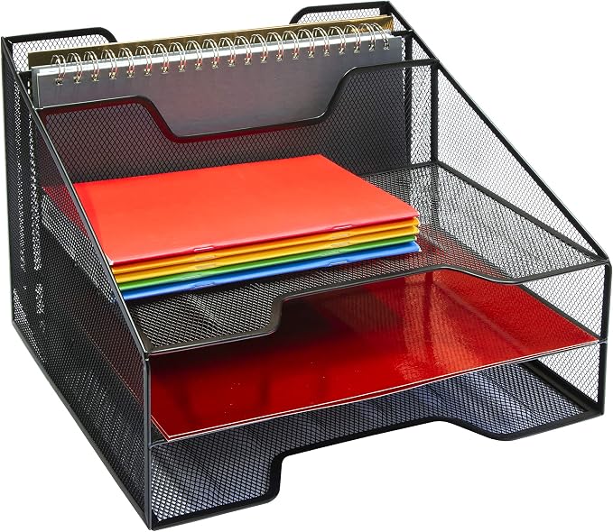 OSCO Black Wiremesh File Organiser | A4 File | Letter Tray | Desk Tray | Desktop Organiser | Paper Organiser | Desk File Organiser Rack| 5 Sections | No Assembly Required | 24 x 32 x 29 cm |