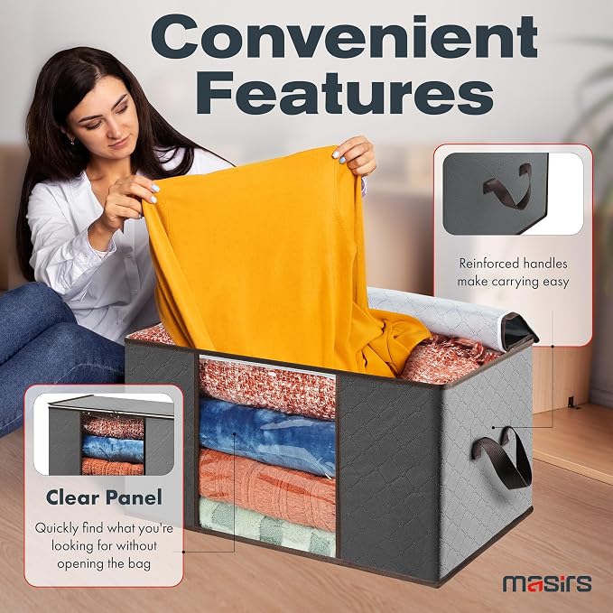 Storage Bags For Clothes - 6-Pack Collapsible Organizers for Blankets, Bedding & Clothes - Large 90L Zip Bags with Handles - Clear Durable Containers for Closet Organization (Grey)