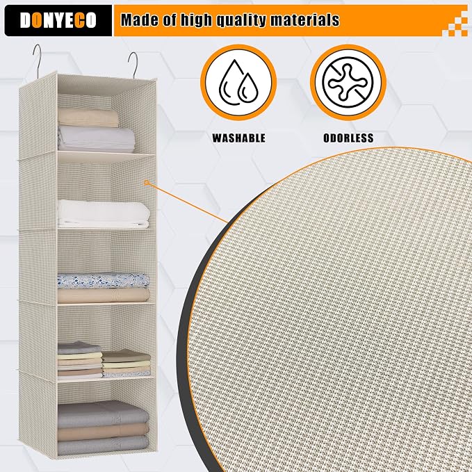 Hanging Closet Organizer 5-Tier, Oxford Wardrobe Storage, Beige Houndstooth | Easy-mount foldable design holds clothes, handbags, shoes & accessories; washable Oxford fabric, sturdy and space-saving.