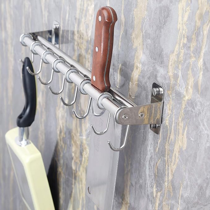 Dseap Pot Rack - Pots and Pans Hanging Rack Rail with 8 Hooks, Double Bars, Pot Hangers for Kitchen, Wall Mounted, Chromed, Pack of 2