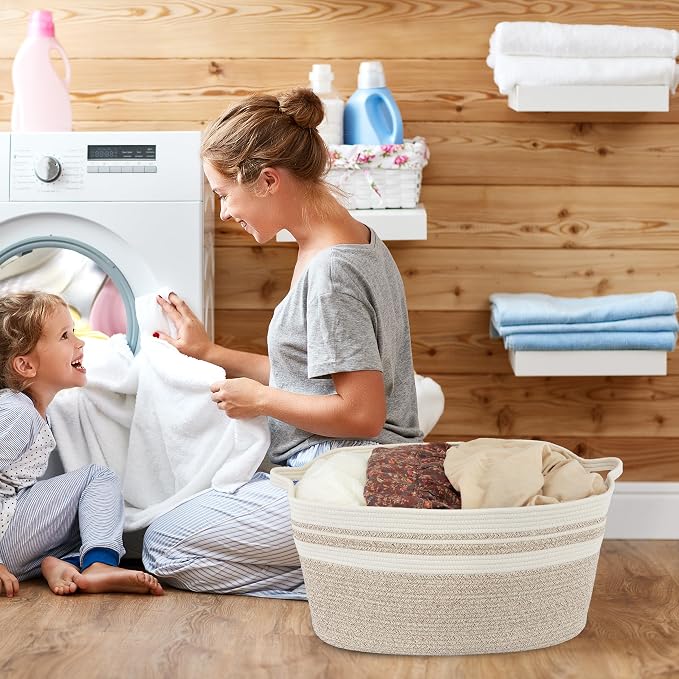 XUANGUO Large Rectangle Blankets Basket Living Room 22"x17"x12" Woven Cotton Rope Storage Baskets for Nursery Toy Baskets for Kids Wicker Laundry Basket Bin for Clothes Towels white brown