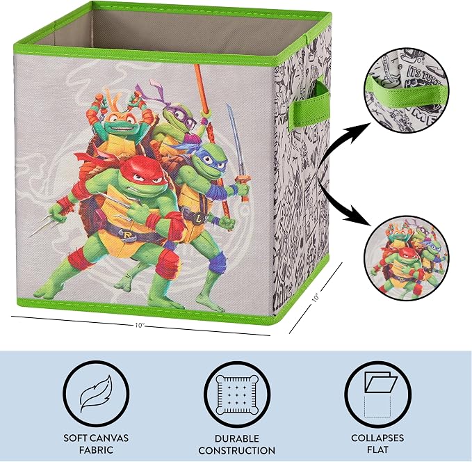 Teenage Mutant Ninja Turtles: Mutant Mayhem Storage Cubes – Set of 2 Collapsible Fabric Bins, 10x10 Inch - Kids Toy Organizer Baskets for Bedroom, Playroom, Closet – TMNT Room Decor