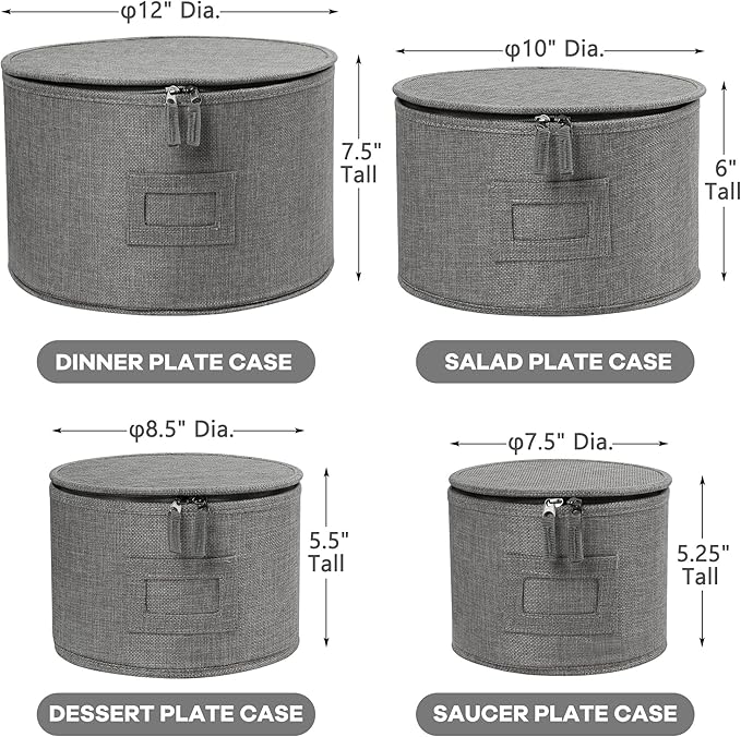 LotFancy China Storage Containers, Hard Shell, 4PCS Set, Dish Saucer Plate Storage Box for Moving, Stackable Dinnerware Organizer Bins with 48 Felt Dividers, Grey