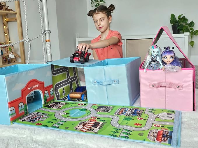 SAM AND MABEL Fabric Storage Organizer and Play Mat – Collapsible Storage Box, Foldable Playmat and Stackable Bin, Basket with Handle (Princess)