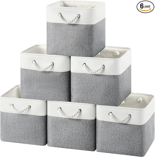 12x12 Storage Cube Bins, 6 Pack Reinforced Bottom Cardboard Foldable Box, Organizer for Closet Shelves, Heavy Home Storage Baskets (White Gray)