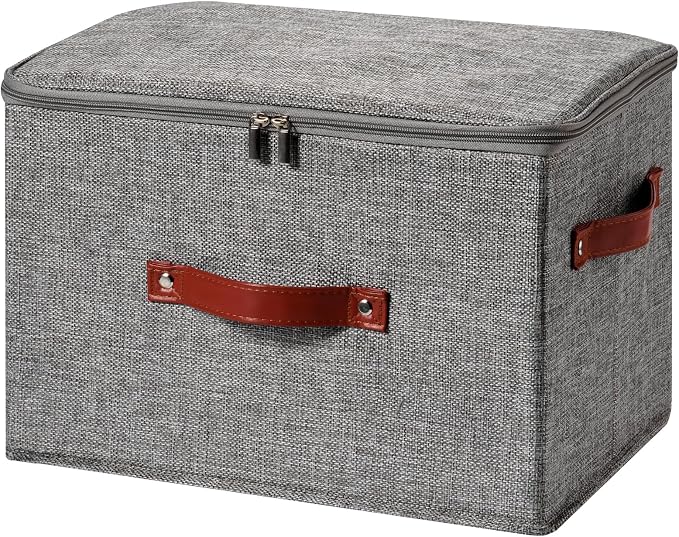 Storage Bin Box with Zippered Lid Cotton Linen Fabric Decorative Basket with PU Leather Handles PP Plastic Board Foldable Lidded Clothing Shelf Closet Organizer Container (Gray, Large)