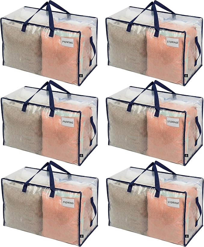 VENO 6 Pack Clear Extra Large Moving Bags & Storage Totes, Heavy Duty Organizer with Reinforced Handles & Strong Zippers for Clothes, College Dorm Essentials, Moving Supplies