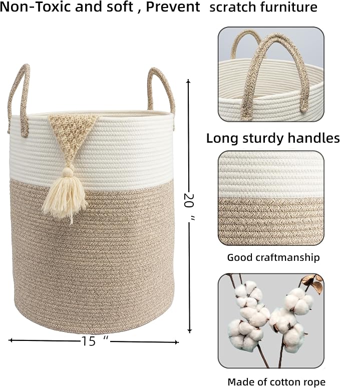 Woven Cotton Rope Laundry basket-15”X20” Laundry Hamper-Rope Storage Basket for Dirty Clothes, Toys and Blankets Perfect for Bathroom, Baby nursery and Living Room Storage (white and brown)